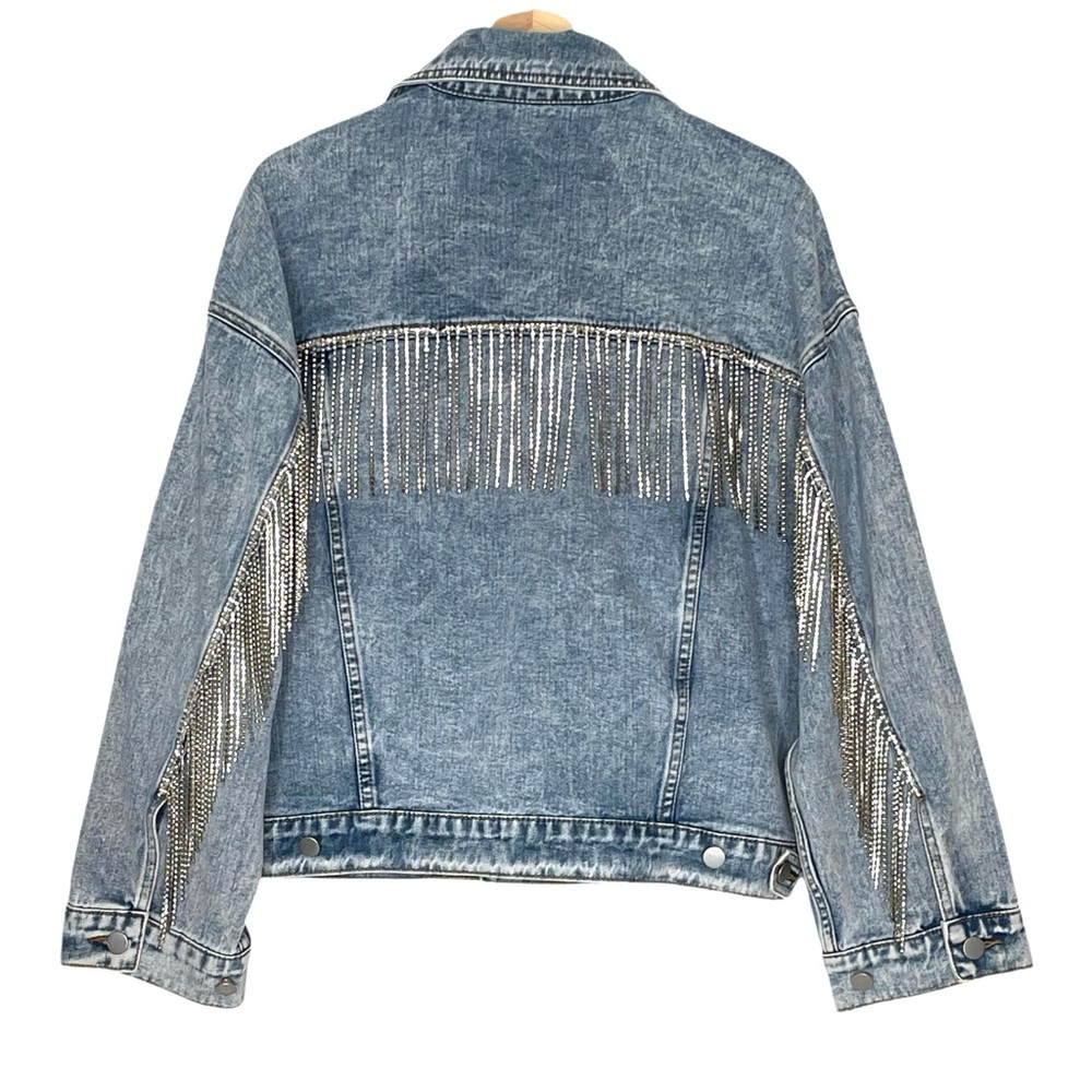 Altar'd State Denim Jacket 5" Rhinestone Fringe Medium Oversized Medium Wash